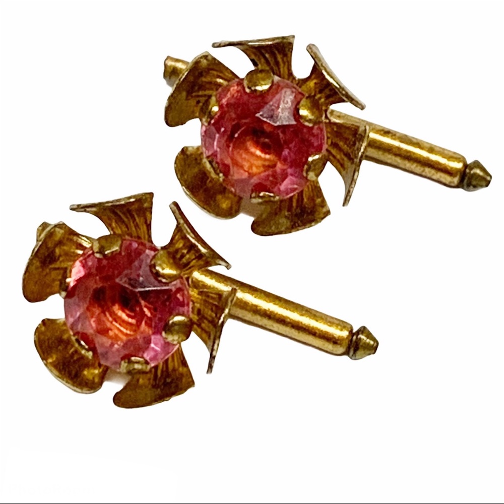 Vtg gold flower pink rhinestone spring cuff link